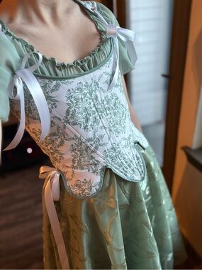 Handmade Green Floral Corset Costume – Elegant Green Skirt, Top, and Corset